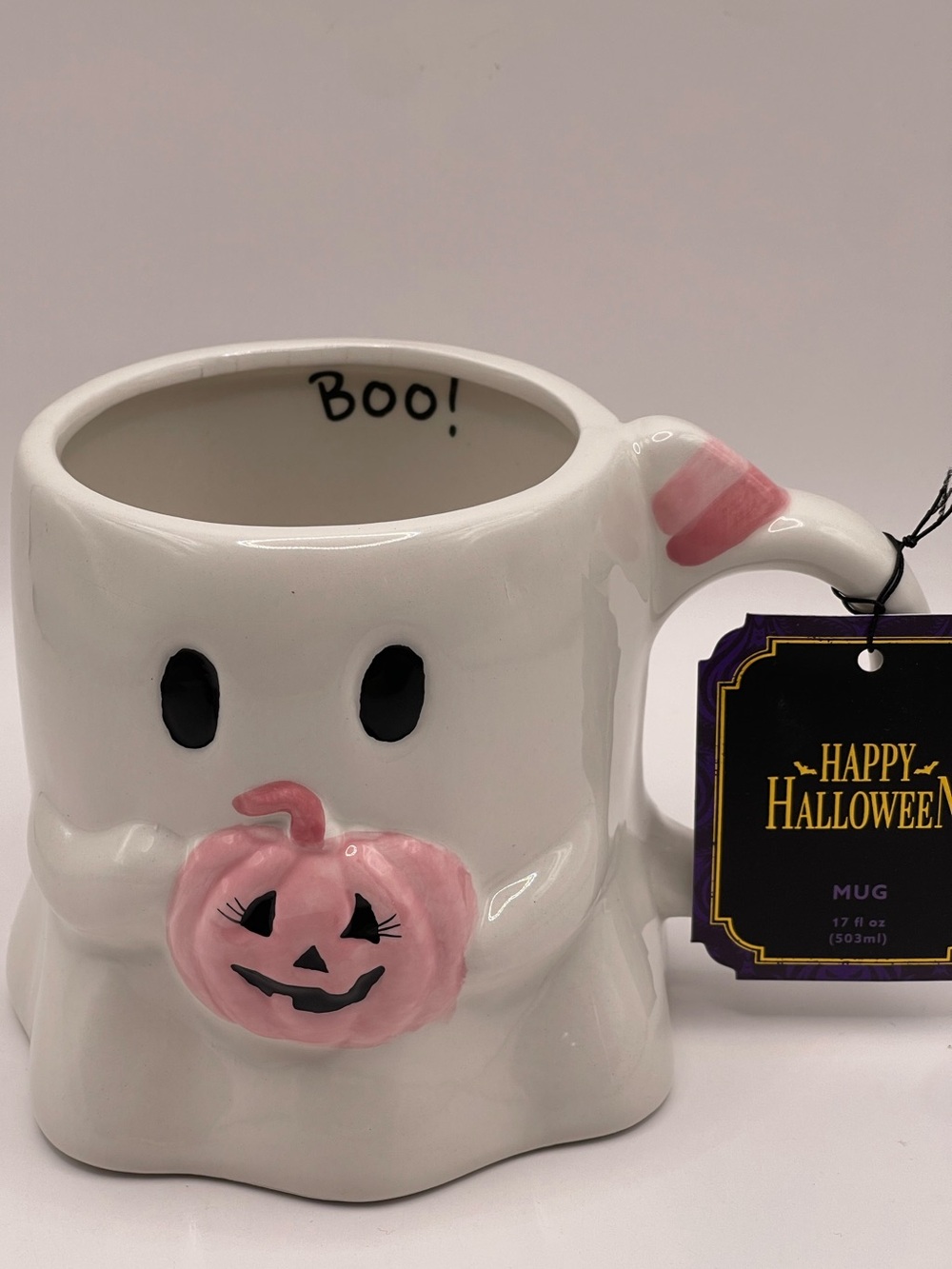 Global Design Connections Halloween Boo! Ghost Mug with Pink Pumpkin | 17 oz NWT